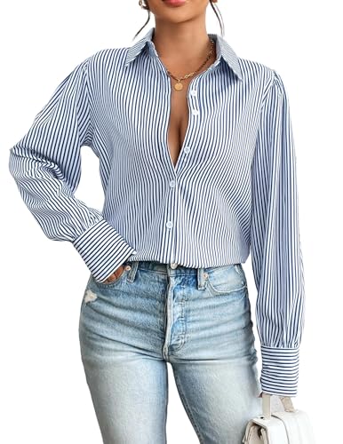 Zeagoo Damen Longbluse Casual Locker Blusen Business Elegant Puffärmel Hemd V-Ausschnitt Langarm Hemdbluse Sommer Herbst Blauen Streifen XL von Zeagoo