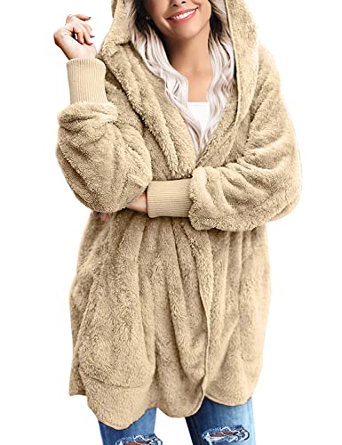 Zeagoo Damen Mantel Plüschjacke Cardigan Hoodie Jacke Strickjacke Oversize Winterjacke Langarm Wintermantel Kapuzenjacke mit Taschen Beige L von Zeagoo