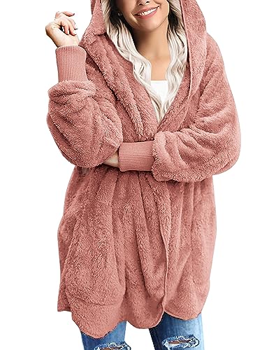 Zeagoo Damen Mantel Plüschjacke Cardigan Hoodie Jacke Strickjacke Oversize Winterjacke Langarm Wintermantel Kapuzenjacke mit Taschen Rosa L von Zeagoo