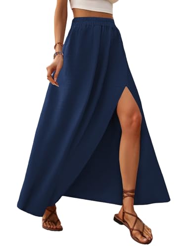 Zeagoo Damen Maxirock Sommer Lang Casual Rock High Waist Solide Chiffon Skirt Flowy A Linie Swing Luftig Strandrock Langrock mit Schlitz Dunkelblau XL von Zeagoo