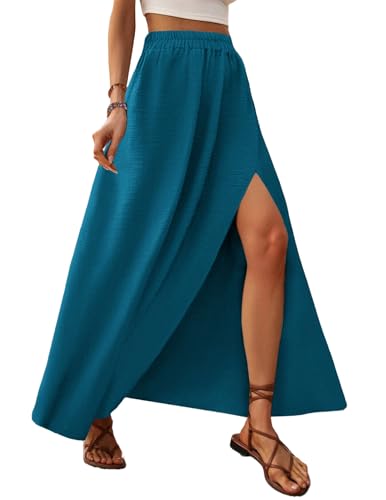 Zeagoo Damen Maxirock Sommer Lang Casual Rock High Waist Solide Chiffon Skirt Flowy A Linie Swing Luftig Strandrock Langrock mit Schlitz Dunkles Pfauenblau XXL von Zeagoo