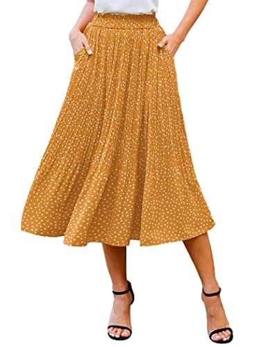 Zeagoo Damen Midi Röcke Elastische Hohe Taille Rock Polka Dot Casual Faltenrock mit Taschen, 01-Gelb, Klein von Zeagoo