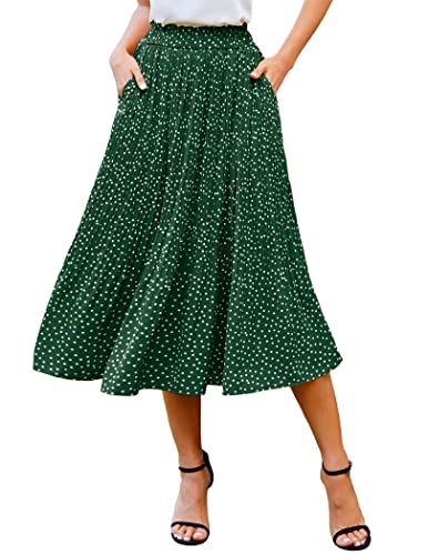 Zeagoo Damen Midi Röcke Elastische Hohe Taille Rock Polka Dot Casual Faltenrock mit Taschen, Dunkelgrün, Klein von Zeagoo