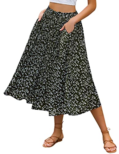 Zeagoo Damen Midi Röcke Elastische Hohe Taille Rock Polka Dot Casual Faltenrock mit Taschen, Schwarz/Blumenmuser, Groß von Zeagoo