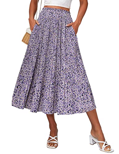 Zeagoo Damen Midi Röcke Hohe Taille Plissee A-Linie Swing Röcke Sommer Floral Lange Röcke mit Taschen, Floral-lila, Groß von Zeagoo