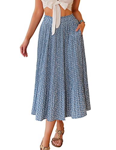 Zeagoo Damen Midi Röcke Hohe Taille Plissee A-Linie Swing Röcke Sommer Floral Lange Röcke mit Taschen, Hellblau, Groß von Zeagoo