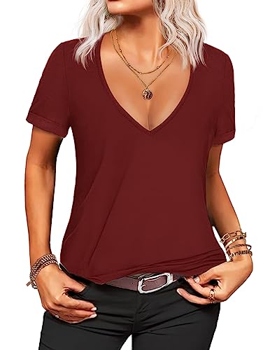 Zeagoo Damen Tshirt tiefer V-Ausschnitt Kurzarm Shirt Solide Lässiges Lose Basic Sommer T Shirt Tops Weinrot L von Zeagoo