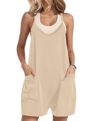 Zeagoo Damen Latzhose Baumwolle Sommer Ärmellos Overall Locker Kurz Weite Hose Spaghetti Playsuit Arbeit Latzhosen Beige M von Zeagoo
