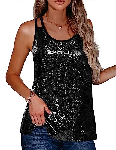 Zeagoo Damen Pailletten Tops Ärmelloses Rundhalsausschnitt Sparkle Trägershirt Party Club Tank-Tops Shirt Cocktail Vest Shirt Schwarz L von Zeagoo