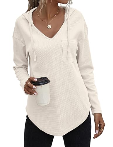 Zeagoo Damen Pulli Hoodies Damen Langarm Sweatshirt Herbst Winter Pullover V-Ausschnitt Oberteil Beige XL von Zeagoo