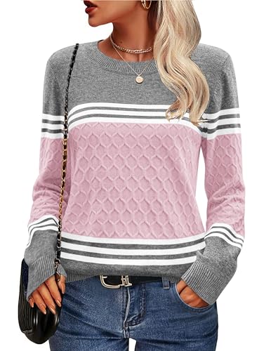 Zeagoo Damen Pulli Strickpullover Herbst Colorblock Pullover Elegant Rundhals Gestreift Strickpulli Langarm Tops Winter Sweater Oberteile Rosa XL von Zeagoo