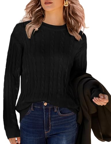 Zeagoo Damen Pullover Casual Rundhal Sweater Einfarbig Sweatshirt Herbst Winter Elegant Strickpullover Kabel Strick Tops Schwarz XL von Zeagoo