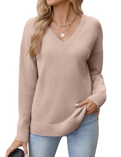 Zeagoo Damen Pullover Elegant Langram Strickpullover V-Ausschnitt Winter Pulli Herbst Knit Sweater Basic Lässige Oberteile Warm Sweatshirt Khaki XXL von Zeagoo
