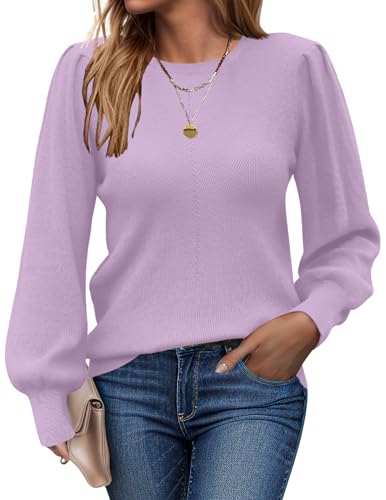 Zeagoo Damen Pullover Rundhals Strickpullover Herbstpulli Puff Sweater Bequem Warm Strickpullover Langarm Tops Violett XXL von Zeagoo