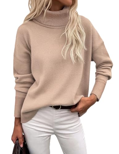 Zeagoo Damen Pullover Elegant Rollkragenpullover Casual Langarm Pulli Sweatershirt Einfarbig Basic Feinstrick Strickpullover High Neck Obertiele Top Herbst Winter Khaki XXL von Zeagoo