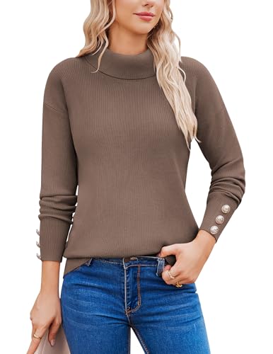 Zeagoo Damen Pullover Elegant Rollkragenpullover Langarm Einfarbig Feinstrick Strickpullover High Neck Pulli Basic Gestrickt Tops Braun XXL von Zeagoo