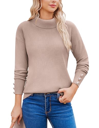 Zeagoo Damen Pullover Elegant Rollkragenpullover Langarm Einfarbig Feinstrick Strickpullover High Neck Pulli Basic Gestrickt Tops Khaki XL von Zeagoo