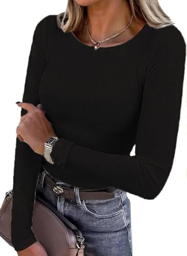Zeagoo Langarmshirt Damen Strickpullover Langarm Gerippt Pullover Rundhals Herbst Winter Sweater Basic Slim Fit Pulli Strickpulli Elegant Oberteile Schwarz XXL von Zeagoo