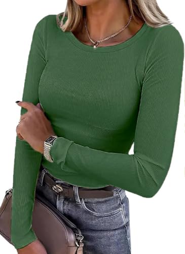 Zeagoo Pullover Damen Herbst Strickpullover Gerippt Langarmshirt Langarm Rundhals Pullover Elegant Oberteile Winter Basic Pulli Casual Figurbetont Sweater Armeegrün XL von Zeagoo