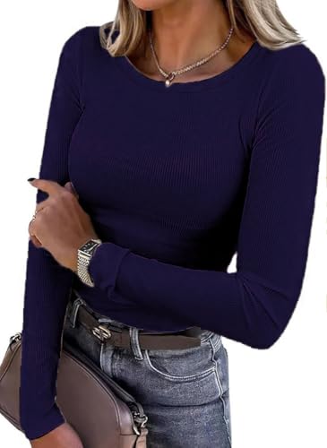Zeagoo Pullover Damen Herbst Strickpullover Gerippt Langarmshirt Langarm Rundhals Pullover Elegant Oberteile Winter Basic Pulli Casual Figurbetont Sweater Saphirblau XXL von Zeagoo