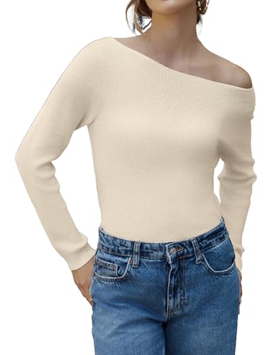 Zeagoo Pullover Damen Elegant Slim Fit Pulli Langarm Warm Strickpullover Basic Klassisch Sweater Beige XL von Zeagoo