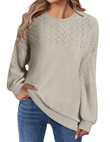 Zeagoo Damen Pullover Herbst Langarm Hollow Out Strickpullover Loose Strickshirt Winter Knit Oberteile Khaki M von Zeagoo