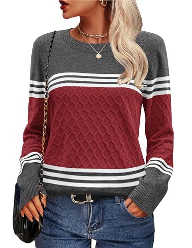 Zeagoo Damen Pullover Herbst Strickpullover Langarm Gestreift Colorblock Damenpullover Winter Rundhals Strickpulli Tops Einfarbig Weinrot XL von Zeagoo