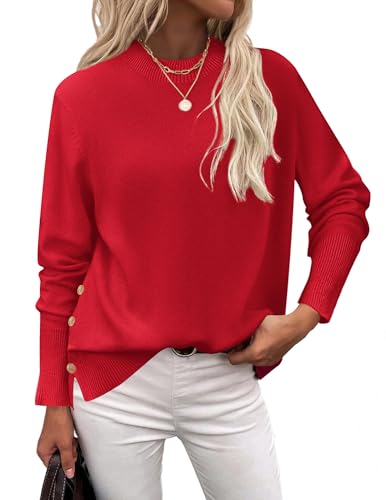 Zeagoo Damen Pullover Herbst Strickpullover Rundhals Langarm Sweater mit Seitlichen Knöpfen Elegant Oberteile Knit Langarmshirt Rot XXL von Zeagoo