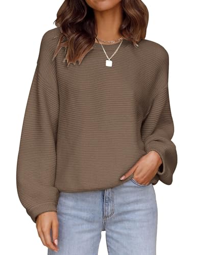 Zeagoo Damen Pullover Herbst Warm Strickpullover Rundhals Sweatshirt Fledermausärmel Pulli Lose Oberteile Braun L von Zeagoo