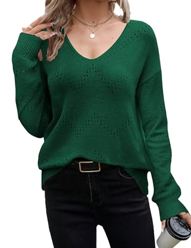 Zeagoo Damen Pullover Hollow Out Pulli V Ausschnitt Strickpullover Häkelpullover Knit Sweater Elegant Oberteile Herbst Winter Grün M von Zeagoo