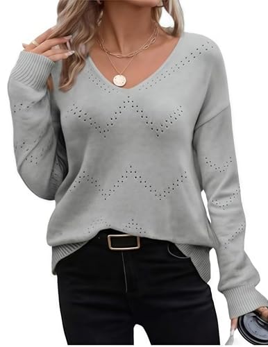 Zeagoo Damen Pullover Langarm Hohler V-Ausschnitt Strickpullover Loose Häkelpullover Herbst Winter Oberteil Sassy Classy Zopfmuster Sweater Frauen Hellgrau L von Zeagoo