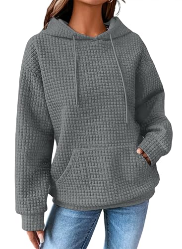 Zeagoo Damen Pullover Langarm Kapuzenpullover Freizeit Hoodie Einfarbig Pullover Sweatshirt Tops Lockeres Kapuzenpulli mit Tasche Dunkelgrau XL von Zeagoo