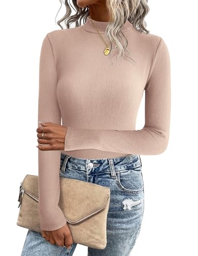Zeagoo Damen Pullover Langarm Slim Fit Shirts Casual Rollkragen Oberteile Pulli Basic Leicht Shirt Tops Stretch Strickpullover Beige XS von Zeagoo