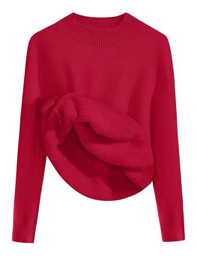 Zeagoo Damen Pullover Langarm Strickpullover Damen Herbst Winter Warm Winterpullover Elegant Dicker Pullover Mit Fleece Rot M von Zeagoo