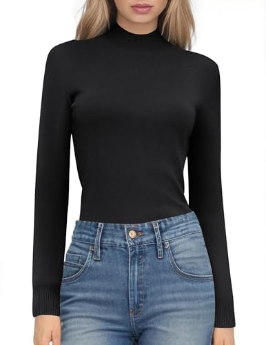 Zeagoo Damen Pullover Langarm Winter Strickpullover mit Stehkragen Einfarbig Slim Fit Oberteile Basic Thermo Strickshirts Schwarz M von Zeagoo