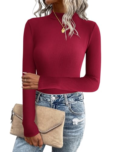 Zeagoo Damen Pullover Langarmshirt Slim Fit Oberteile Pulli Casual Rollkragenpullover Basic Leicht Shirt Tops Stretch T-Shirt Strickpullover Weinrot M von Zeagoo