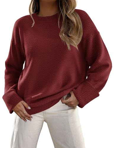 Zeagoo Damen Pullover Oversize Strickpullover Winter Rundhals Pulli Herbstpulli Locker Bequem Warm Langarm Tops Strickwaren Weinrot XL von Zeagoo
