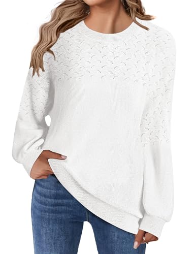 Zeagoo Damen Pullover Rundhals Strickpulli Elegant Häkelpullover Langarm Warm Strickpullover Feinstrick Oberteile Weiß M von Zeagoo