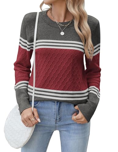 Zeagoo Damen Pullover Rundhals Strickpullover Gestreift Herbstpulli Sweater Bequem Warm Langarm Tops Weinrot XXL Zeagoo Damen Pullover Rundhals Strickpullover Gestreift Herbstpulli Sweater Bequem Warm Langarm Tops Weinrot XXL von Zeagoo