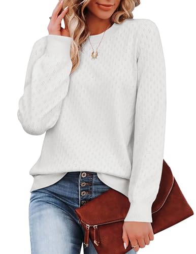 Zeagoo Winterpullover Damen Pullover Rundhals Strickpullover Herbstpulli Stilvolle Slim Fit Ausgehöhlt Sweater Bequem Warm Strickpulli Langarm Tops Strickwaren Weiß S von Zeagoo