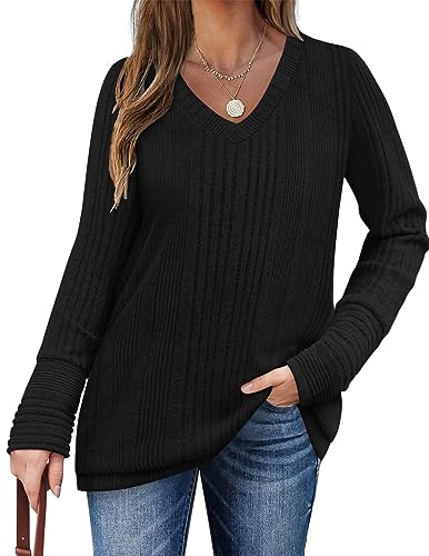 Zeagoo Damen Pullover V-Ausschnitt Langarmshirt Oversize Sweater Weich Rippstrick Lässige Strickpullover Oberteile Tunika Tops Schwarz M von Zeagoo