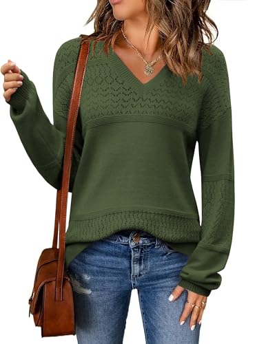 Zeagoo Winter Pullover Damen Elegante Ribbed Knit Sweater Laternenärmel V Ausschnitt Pulli Einfach Strick Langarmshirt Armeegrün XXL von Zeagoo