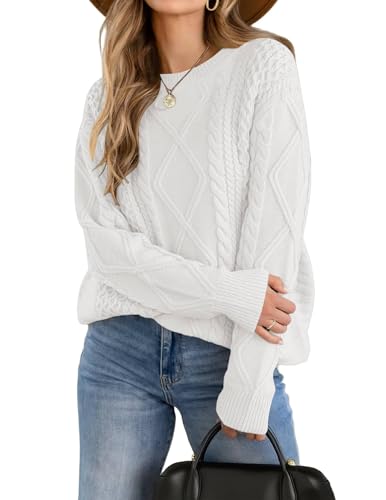 Zeagoo Damen Pullover Winter Elagant Rundhals Strickpullover Herbst Pulli Strick Women's Cable Knit Sweaters Weiss XXL von Zeagoo