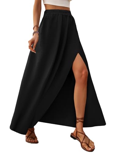Zeagoo Rock Damen Lang Elegante Sommer Röcke A-Linie Elastische Hohe Taille Maxirock Einfarbig Flowy Freizeitrock Strandrock mit Schlitz Schwarz M von Zeagoo
