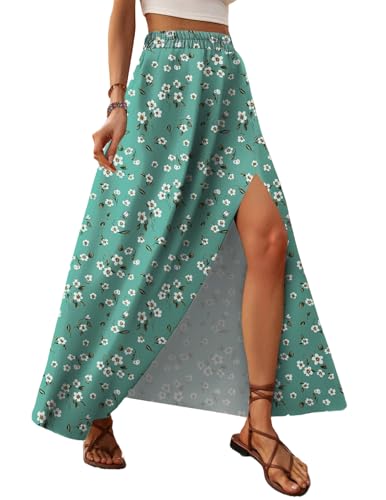 Zeagoo Damen Rock Elegant Sommer Langrock Elastisch Taille Boho Blumen Midirock Lässig Hohe Schlitz Röcke A-Line Leicht Maxi Strandrock Hellblau Blumenmuster XXL von Zeagoo
