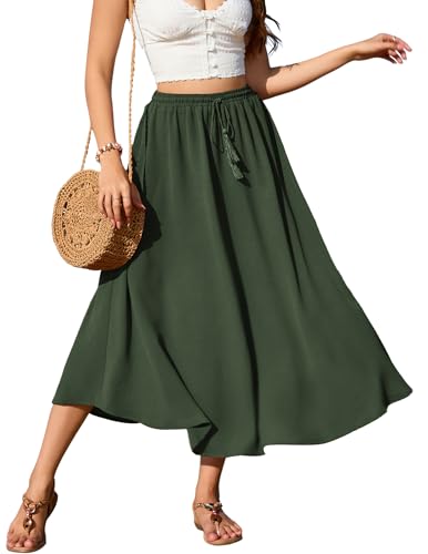 Zeagoo Damen Rock Grün Lang Hohe Taille Röcke Elegant Maxirock A-Linie Mesh-Rock Mit Kordelzug Casual Midi Freizeitrock Einfarbig Rock Frühling Sommer von Zeagoo