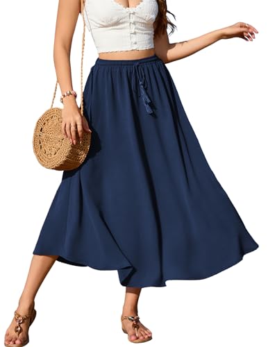 Zeagoo Damen Rock Lang Hohe Taille Röcke Elegant Maxirock A-Linie Mesh-Rock Mit Kordelzug Casual Midi Freizeitrock Einfarbig Rock Frühling Sommer Navy Blau M von Zeagoo