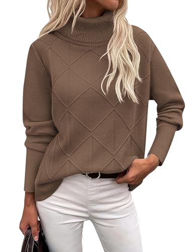 Zeagoo Damen Rollkragen Pullover Elegant Strickpullover Warm Winterpullover Langarmshirt Basic Lässig Pulli Lose Knit Tops Braun XL von Zeagoo