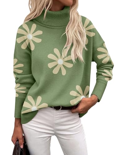 Zeagoo Damen Rollkragenpullover Elegant Langarm Pullover mit Blumenmuster Turtleneck Gestrickt Strickpulli Warmer Rollkragenshirt Basic Lässig Pulli Herbst Winter Sweater Hellgrüne Blüten XXL von Zeagoo