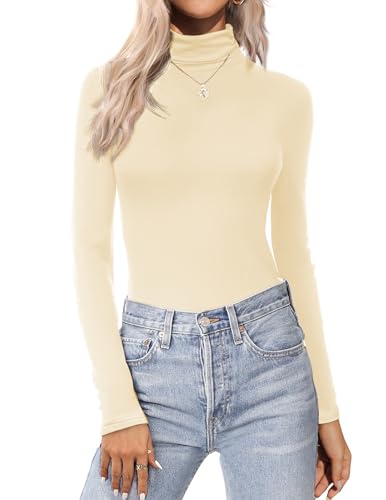 Zeagoo Rollkragenshirt Damen Langarm Basic Rolli Elegante Stretch Oberteile Einfarbige High Neck Shirt Unterziehrolli Cremefarben L von Zeagoo